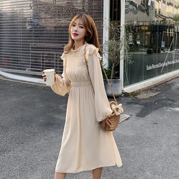 2020 M. Pavasarį Naujas Korėjiečių Suknelė Moterims Prancūzijos Slim Ilgomis Rankovėmis Elastinga Juosmens Paprastas Kietas - Line Suknelė Elegantiškas Moteris Vestidos