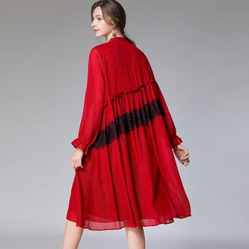 2020 m. Pavasarį naują plius dydis moterų atsitiktinis mados prarasti suknelės ilgomis rankovėmis nėriniai-up nėrinių kratinys mirgėjimo Elegantiškas šifono suknelė