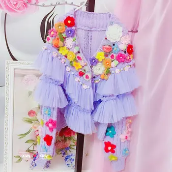 2020 m. Rudens ir Žiemos Naujų korėjos Akių Susiuvimo Gėlių Megzti Megztinis Pasakų Violetinis Megztinis Kailis Moterų Saldus Megztiniai