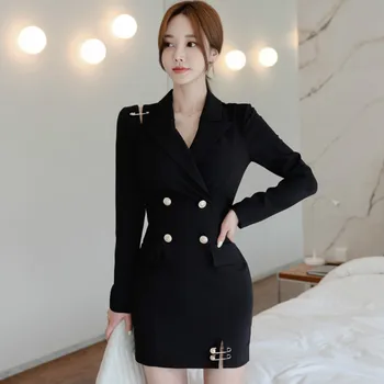 2020 M. Rudens Žiemos Korėja Slim Įpjovomis Dvigubo Breasted Juoda Vestidos Bodycon Aukšto Juosmens Mini Biuras Suknelė