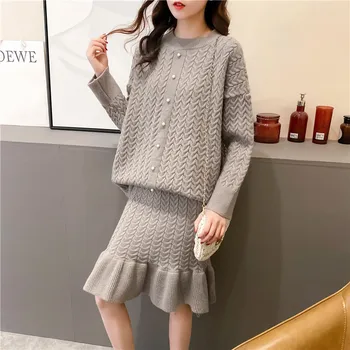 2020 m. Rudens Žiemos Naujų korėjos Versija Twist Megztinis Megztinis Moterų Pusė-mezgimas Sijonas, Dviejų dalių Laisvi, Laisvi Tingus Kostiumas