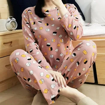 2020 m. Rudenį Geltona Animaciją Kačių Pižama Rinkinys Moterims, Kelnės Atsitiktinis Sleepwear Kawaii Pijamas ilgomis Rankovėmis, Šiltas Moteris Homewear