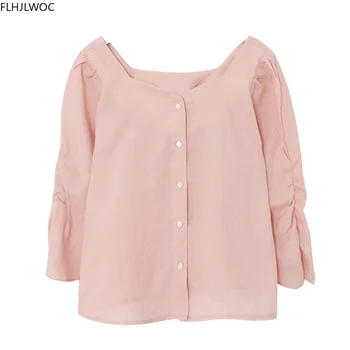 2020 M. Rudenį Rudenį Basic Marškinėliai Viena Breasted Mygtuką Viršūnes Mielas Preppy Stilius Japonija Korėja Prašmatnus Vintage Palaidinė Vientisos Baltos Moterys Viršų