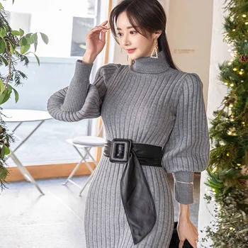 2020 M. Rudenį, Žiemą Storas Megztas Undinė Maxi Suknelė Moterims Šiltas Mados Korėjos Žibintų Sleeve Sweater Dress Vestidos Su Diržu