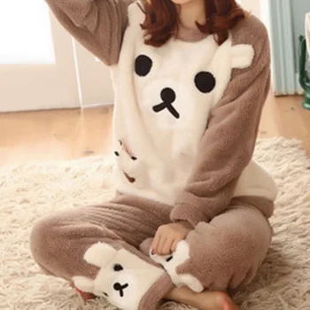 2020 M. Žiemos Pajama Moterų Korėjos Sleepwear Mielas Animacinių Filmų Flanelė Pižama Nustatyti Aksomo Šiltas Pijama Apvalios Kaklo Pyjama Homewear Moterims