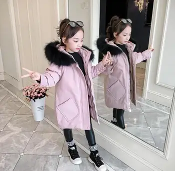 2020 m. Žiemos Striukė Mergaitėms Kailiniai su Gobtuvu Baby Merginos Žiemos Paltai Ilgai Medvilnės-Paminkštintas Parko Žemyn Storio Vaikams, Vaikų viršutinių drabužių siuvimas