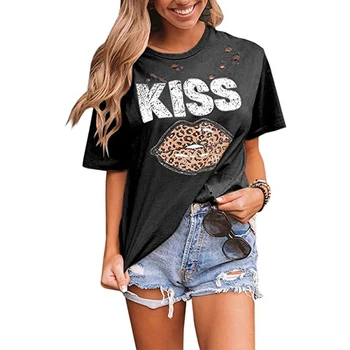 2020 metų Vasaros Moterų Medvilnės Mados T-shirt KISS Lūpų Spausdinti Leopard Kankina Tee O-kaklo Atsitiktinis Cheetah Lūpų Atspausdintas Trumpas Rankovėmis Tee
