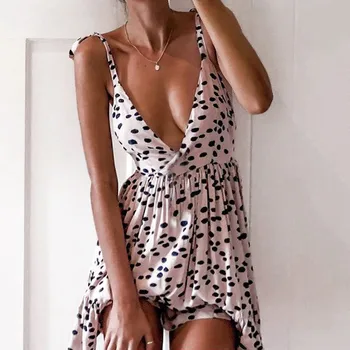 2020 metų Vasaros Moterų Suknelė V Kaklo Linijos Sexy Aukšto Juosmens Dot Spausdinti Mini Suknelės Vestidos Atgal Jungiamąją Dirželiai Backless Suknelė S-XL