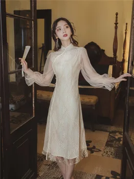 2020 metų Vasaros Naujas Vintage Stiliaus Kinijos Tradicinės Burbulas Rankovės Pagerėjo Cheongsam Mergina Nėrinių Žibintų Rankovėmis Suknelė Moterų Suknelė