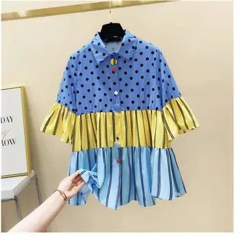 2020 Metų Vasaros Naują Panelled Mados Dizaino Moterų Marškinėliai Moterims Polka Dot Spliced Dryžuotas Pasukite Žemyn Apykaklės Marškinėliai