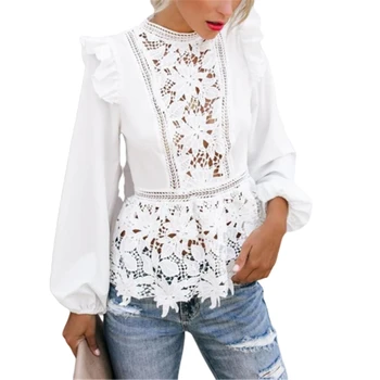 2020 Moterims Gėlių Nėrinių Palaidinės Boho ilgomis Rankovėmis Baltos Viršūnės Ponios Tuščiaviduriai Iš Marškiniai Rudenį, Pavasarį Elegantiška Palaidinė Streetwear S-XL