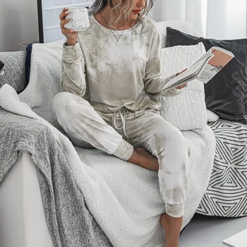 2020 Moterų Pižama Kaklaraištis Dažų Sleepwear Ištaigingas Dėvėti Loungewear Žiemos Moterų Pižama Miego Rinkinys ilgomis Rankovėmis Moterų Namų Drabužiai