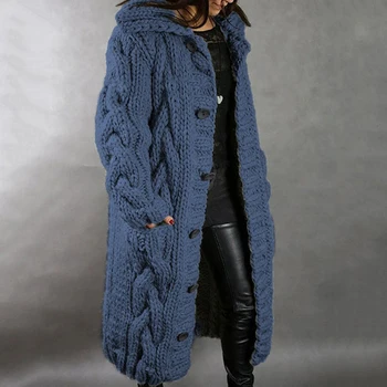 2020 Nauja, Moterų Megzti Megztiniai Megztinis Žiemą Storas Šiltas Gobtuvu Ilgas Megztinis Moteriška Ilgomis Rankovėmis Vintage Megztinis Outwear Paltai