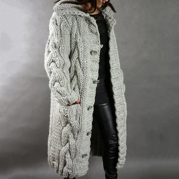 2020 Nauja, Moterų Megzti Megztiniai Megztinis Žiemą Storas Šiltas Gobtuvu Ilgas Megztinis Moteriška Ilgomis Rankovėmis Vintage Megztinis Outwear Paltai