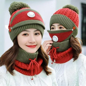2020 Naujas 3 Gabalus Nustatyti Moterų Megzti Skrybėlę ir Skara Kepurės Kaklo Šilčiau Žiemos Skrybėlę Ponios, Mergaitės Skullies Beanies Šiltu Vilnos Kepurės