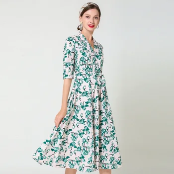 2020 Naujas Moterų Elegantiškas Suknelės Sexy V Kaklo Gėlių Spausdinti Pynimas Suknelė trumpomis Rankovėmis-Line Midi Suknelė Mados Skraiste Sukienka