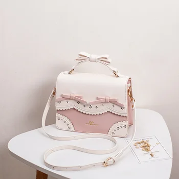2020 naujas paprastas pink Lolita maišelį Japonijos įstrižainės Lolita kontrasto spalvų Bowknot mergina maišelį Cos Loli sweet PU krepšys