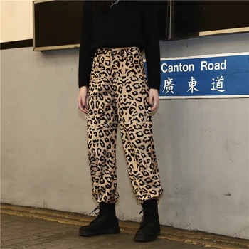 2020 naujas pavasarį ilgai Leopard Kelnės Moterims Streetwear Prarasti Aukštos Juosmens, tiesios Kojos Kelnės Atsitiktinis Lady Kelnės Pantalon Femme KZ11