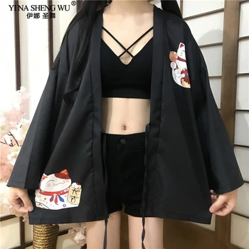 2020 Naujas Vasaros Harajuku Cardigan Japonų Kimono Mados Azijos Juoda Raudona Pasisekė Katė Laisvas Mergaites Palaidinė Viršūnes Atsitiktinis Moteris Kimonos