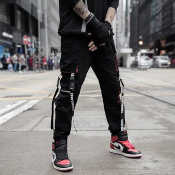 2020 Naujas Vyrų Hip-Hop Krovinių Kelnės Juodos daug Kišenių Laišką Juostelės Prarasti Sweatpants Mados Streetwear Poilsiu Kelnės 3XL
