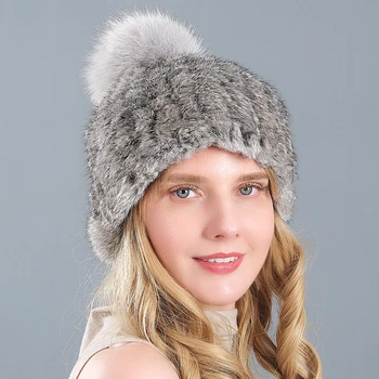 2020 Naujas Žiemą Rusijos Natūralaus Triušio Kailio Kepurę Moterims Elasitc Šiltas Rankų Darbo Megzti Tikro Kailio Kepurės Fox Fur Pompoms Beanies Bžūp