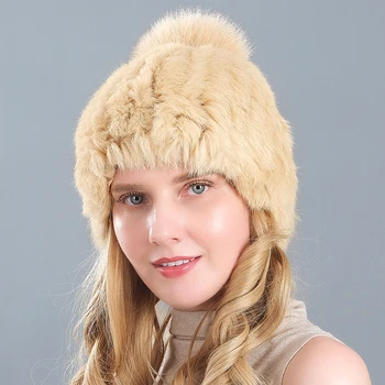 2020 Naujas Žiemą Rusijos Natūralaus Triušio Kailio Kepurę Moterims Elasitc Šiltas Rankų Darbo Megzti Tikro Kailio Kepurės Fox Fur Pompoms Beanies Bžūp