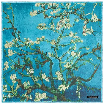 2020 Naujos Kaklaskares Šalikas Prabangos Prekės Apsiaustas Van Gogh Aliejaus Tapybai Abrikosų, Gėlių, Moterų Žiemos Kašmyro Šalikas Didelių Kvadratinių Šalikai
