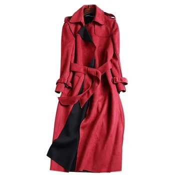 2020 Naujų Rudens Suede Tranšėjos Paltai Moterims Abrigo Mujer Ilgas Elegantiškas Outwear Moterų Paltas Slim Red Suede Cardigan Tranšėjos C3487
