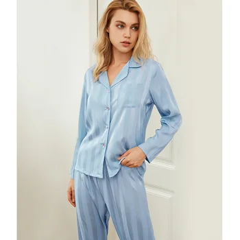 2020 Pyjama Satino Femme Vasaros Drabužių su vertikaliomis Juostelėmis Ponios ilgomis rankovėmis Kelnių Šilko Sleepwear Pijama Feminino Verano