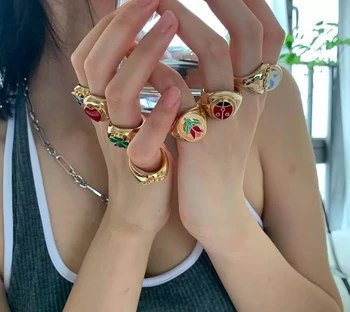 2020 Tendencija Prabangos 18k Aukso Papuošalai Moterims, Emalio Daisy Tulpių Dobilų Yingyang Drugelis Širdies Vėžlys Žiedus ant Piršto Mergaitėms