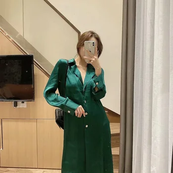 2020 Za Moterų Palaidinė Šilko tekstūros ilgomis Rankovėmis Atvartas Vintage Žalia Ilgai Marškinėliai Moteriška Elegancija Mygtuką Plius Dydis Prarasti Viršų