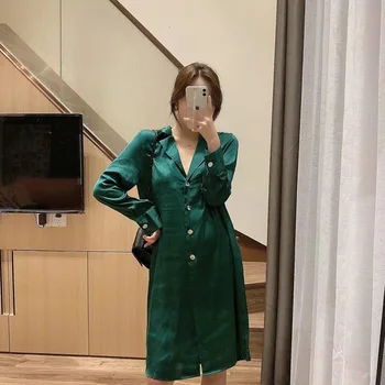 2020 Za Moterų Palaidinė Šilko tekstūros ilgomis Rankovėmis Atvartas Vintage Žalia Ilgai Marškinėliai Moteriška Elegancija Mygtuką Plius Dydis Prarasti Viršų