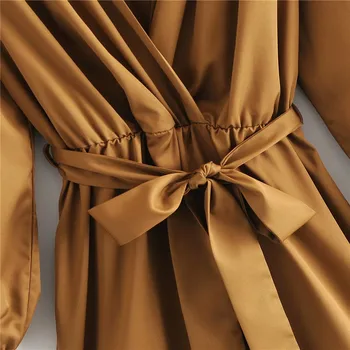 2020 Za Reguliuojamas Diržas Wrap Midi Suknelė Moterims V Kaklo Ilgio Sluoksniuotos Rankovėmis Elegantiškas Office Lady Suknelės Moteris, Ilgas, Klostuotas Vestidos