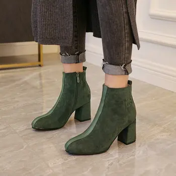 2020 žalia, suapvalinti tne stambusis aukšti kulniukai vilnos viduje moteriški batai su užtrauktuku moterų mados batai žieminiai batai didelis dydis 44 45