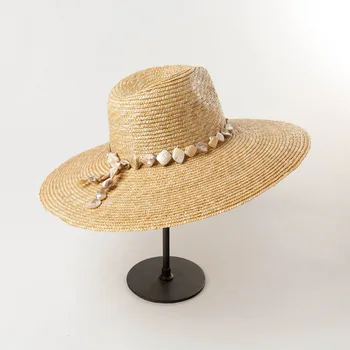 202008-HH7274C RANKŲ darbo šiaudų Shell grandinės lady fedoras skrybėlę bžūp moterų laisvalaikio panama džiazo skrybėlę