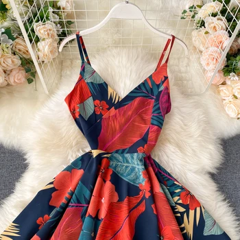 2021 Boho v neck slim gėlių spausdinti Midi Suknelė spageti dirželis seksualus Vasarą Šalies Moterų Atsitiktinis, nereguliarus suknelė, Paplūdimio atostogų suknelė