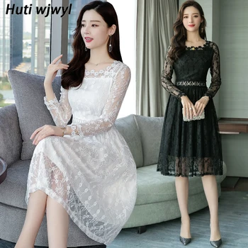 2021 Korėjos Balta Nėrinių Seksualus Midi Suknelė Rudens Derliaus Plius Dydis-Ilgomis Rankovėmis Suknelės Moterims, Elegantiškas Bodycon Juoda Šalis Vestidos