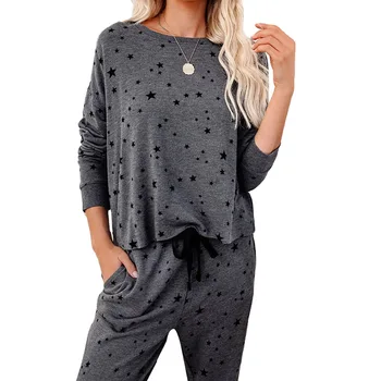 2021 m. Pavasarį Loungewear Moterų Pyjama Nustatyti Atsitiktinis Spausdinimo ilgomis rankovėmis O-kaklo Atsitiktinis Palaidų Homewear 2 Vnt Moterų Pajama Rinkinys