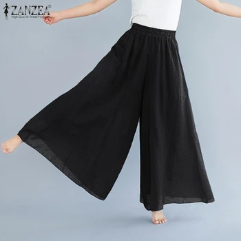 2021 m Pločio Kojų Kelnės Moterims ZANZEA Elegantiškas Kieta Elastinga Aukštos Juosmens Kelnės Mados Moterų Atsitiktinis Palaidų Ilgai Pantalon Streetwear