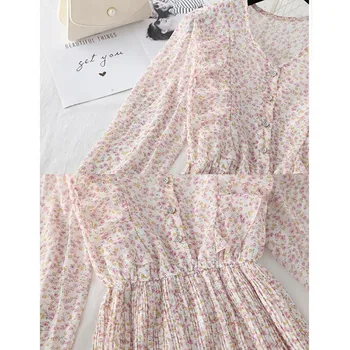 2021 Moterų Pavasario Gėlių Pynimas Šifono Suknelė Elegantiškas Atsitiktinis ilgomis Rankovėmis-line Vestidos Elastinga Juosmens Plisuotos Midi Suknelė