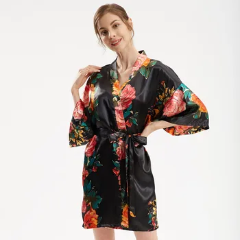 2021 Nauja Nuotaka Bridesmaid, Vestuvių Apdarą Satino Moterų Sleepwear Spausdinti Gėlių Naktiniai Drabužiai Negabaritinių Kimono Suknelė Šilkiniai Intymus Apatinis Trikotažas