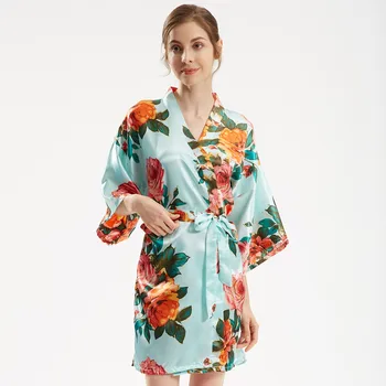 2021 Nauja Nuotaka Bridesmaid, Vestuvių Apdarą Satino Moterų Sleepwear Spausdinti Gėlių Naktiniai Drabužiai Negabaritinių Kimono Suknelė Šilkiniai Intymus Apatinis Trikotažas