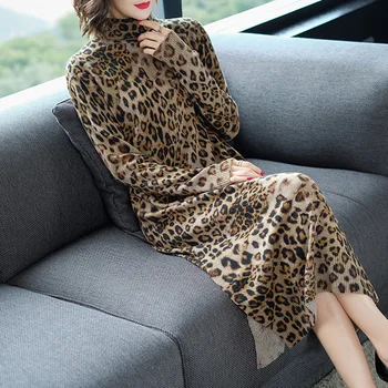 2021 Naujas Žiemos Derliaus Leopard Golfo Vilnos Megztiniai Atsitiktinis Mezgimo Megztinių Elegantiškas Moteris Bodycon Vienas Gabalas Megztinis Suknelė