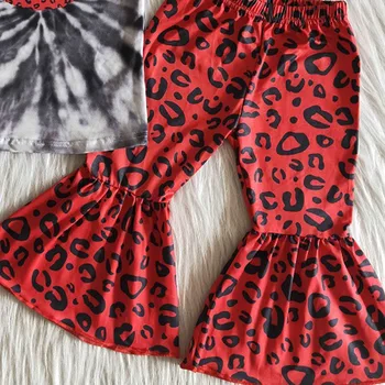 2021 Naują Stilių Mergaičių Apranga Lūpų Spausdinti Trumpas Rankovės Marškinėliai Red Leopard Varpai Kelnės Vaikams Drabužių Rinkiniai Didmeninės Mados Boutiq