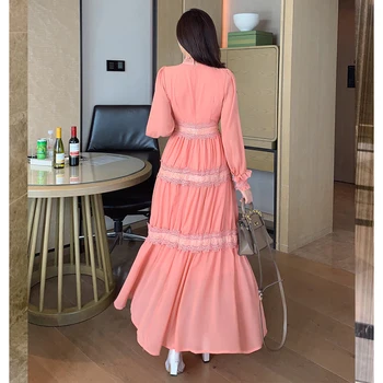 2021 Oranžinės Spalvos Šifono Suknelė Moteris Raukiniai Ilgomis Rankovėmis Aukštos Juosmens Bodycon Lady Elegantiškas Maxi Suknelės Moterų Pavasario Drabužių Naujas