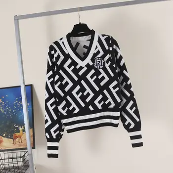 2021 pavasarį ir rudenį naują laišką, Megztinis Džemperis moterims ilgomis rankovėmis V-kaklo, trumpas temperamentas spalvų megztinis
