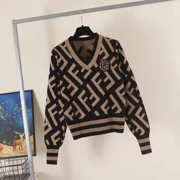 2021 pavasarį ir rudenį naują laišką, Megztinis Džemperis moterims ilgomis rankovėmis V-kaklo, trumpas temperamentas spalvų megztinis