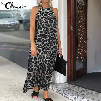 2021 Vasaros Seksualus Apynasrio Moteris Ilga Suknelė Celmia Bohemijos Leopardas Spausdinti Rankovių Sundress Lady Atsitiktinis Palaidų Padalinta Maxi Vestidos