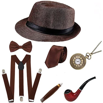 20s 30s Retro Šalis 1920 Mens Great Gatsby Priedai Nustatyti Siautėjantis Gangsteris Kostiumas Kostiumas Vamzdis Derliaus Kišenėje Žiūrėti Cigarų