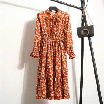 23 Dizaino Pavasario Vasaros Moterų Suknelės Lady Šalis Stilius Derliaus Gėlių Atspausdintas Šifono Marškinėliai ilgomis Rankovėmis Lankas Midi Suknelė 2021